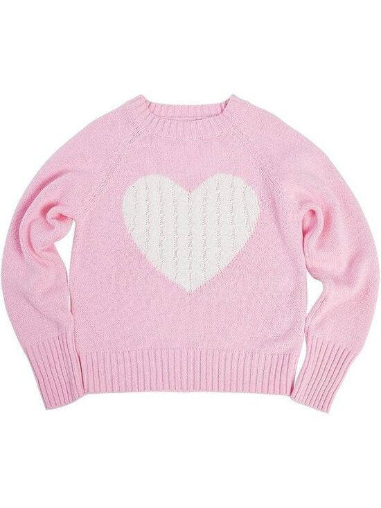 Bememo Other - Girls Pink Knit Sweater With White Cable-Knit Heart Design Long Sleeves Ribbed C